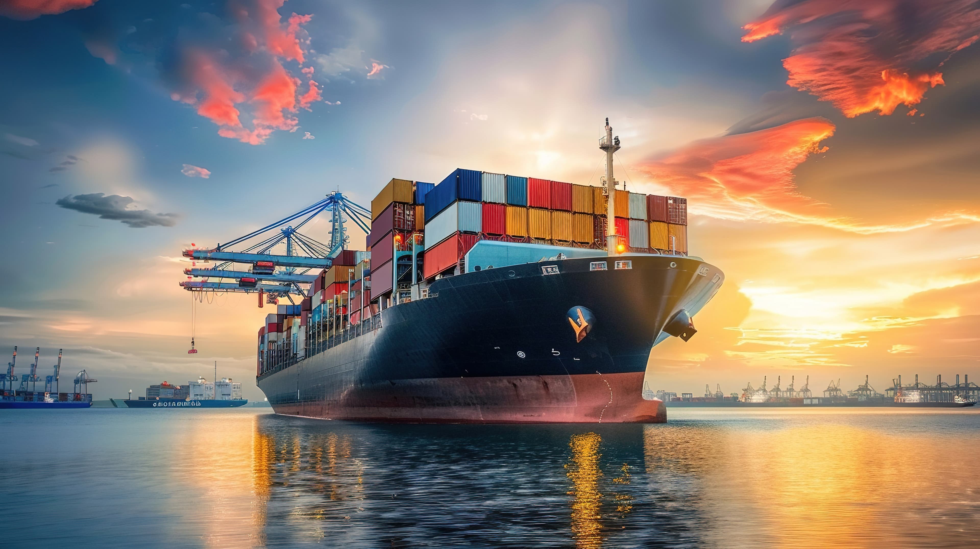Container ship loaded with cargo containers leaving port at sunset — CARIS freight forwarding