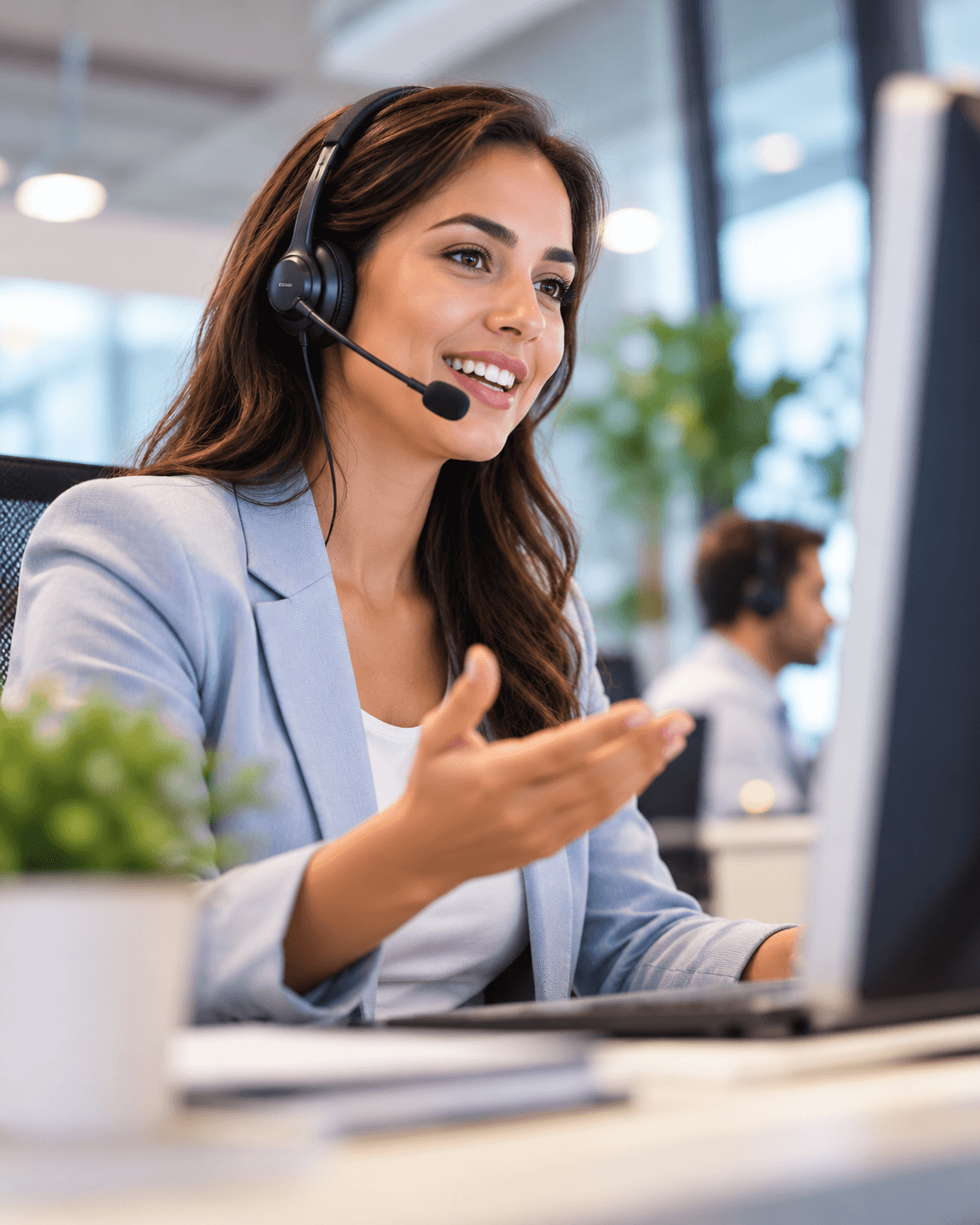 Smiling support agent wearing a headset at a help desk