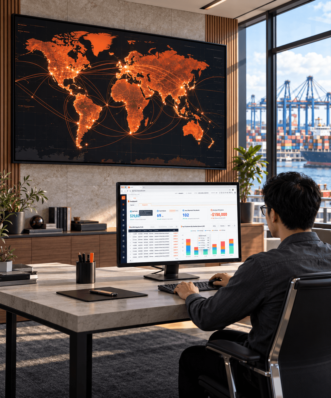 Operator using the CARIS dashboard below a world shipping-route map, with a container port outside