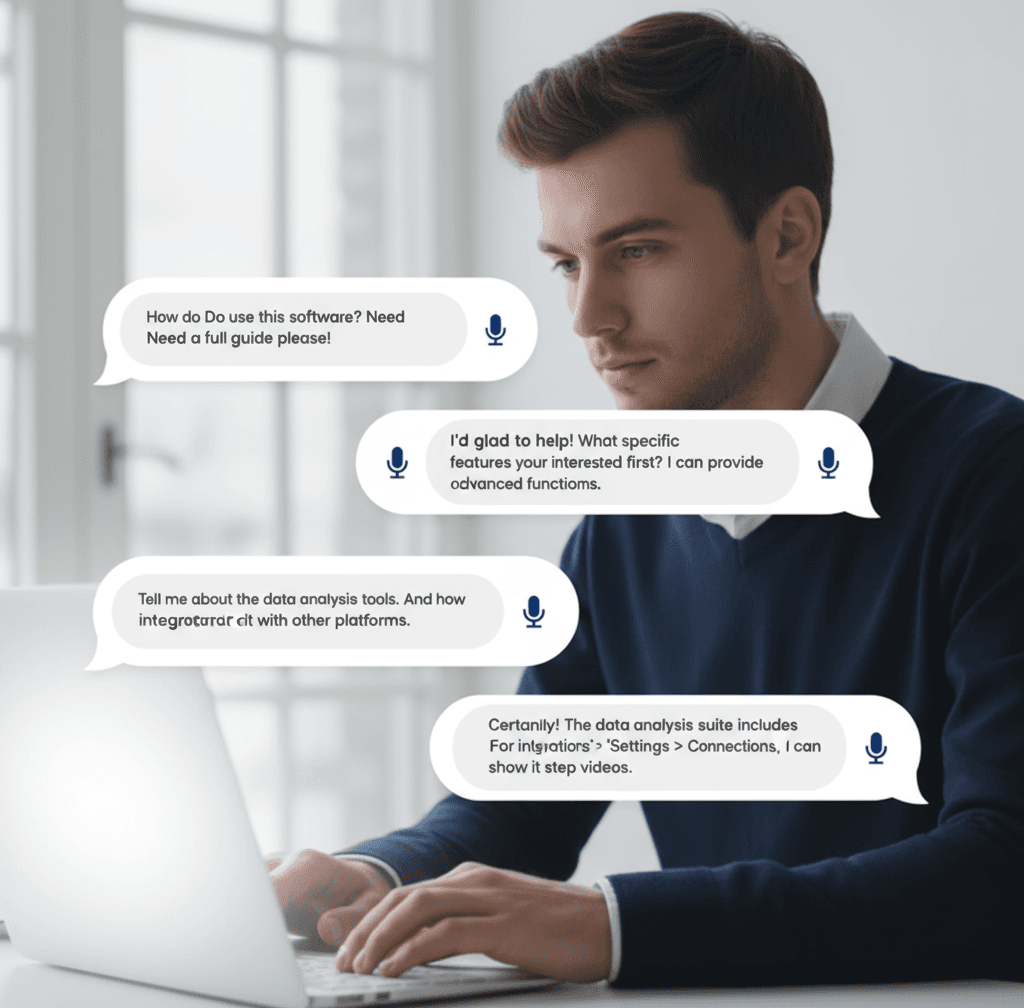 User at a laptop with chat bubbles showing questions asked to the AI assistant