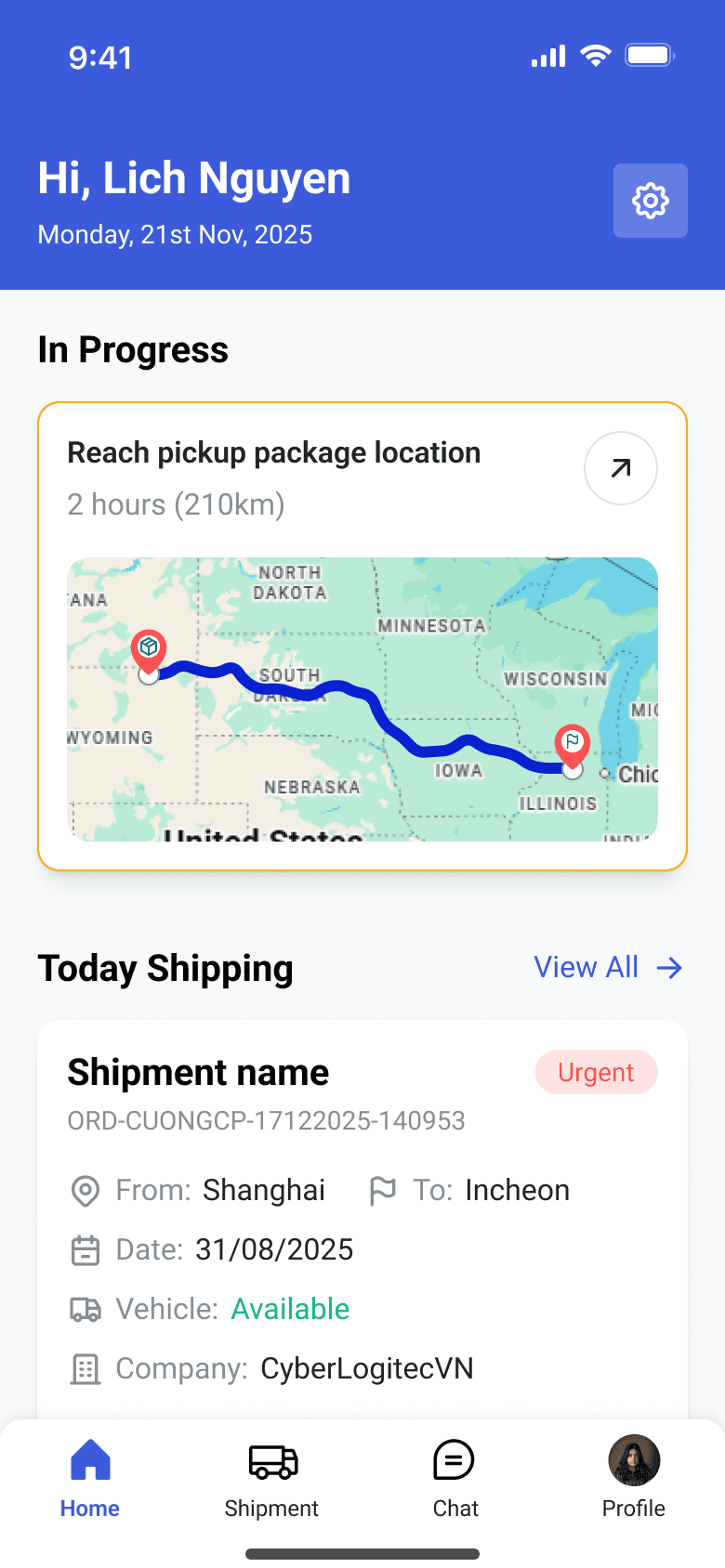 Driver app home screen showing the in-progress route map and today’s shipments