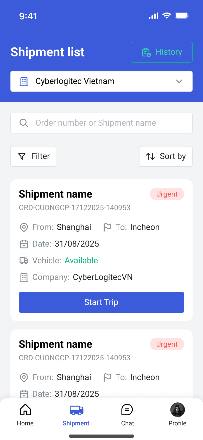 Driver app shipment list with origin, destination, date and a Start Trip button