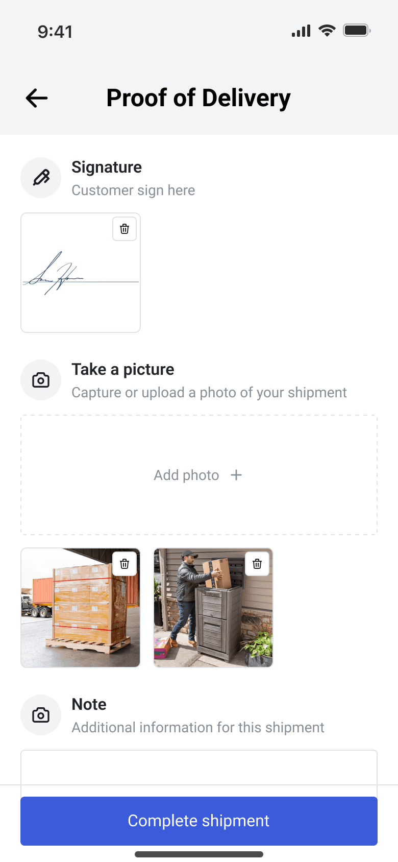 Driver app proof of delivery screen with a customer signature, cargo photos and notes